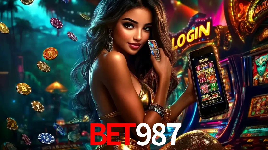 Mulher em um cenário de cassino temático de aventura, mostrando o app de caça-níqueis da BET987 no celular. Fichas de apostas flutuam ao redor.