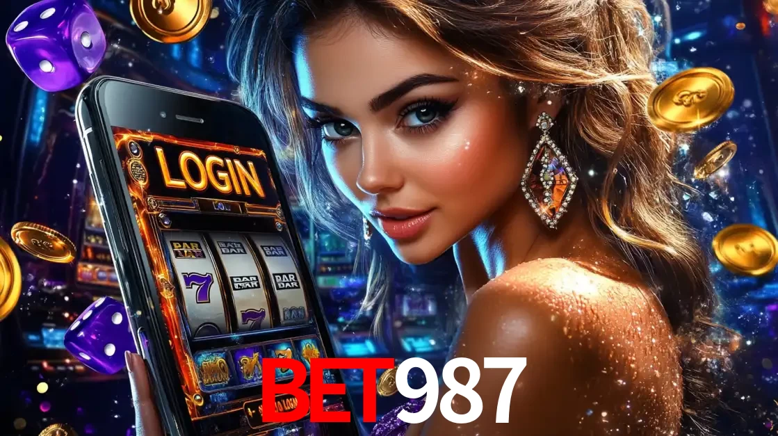 Mulher glamorosa segurando um smartphone com a tela de login para os jogos de caça-níqueis do cassino online BET987, com moedas de ouro e dados ao redor.