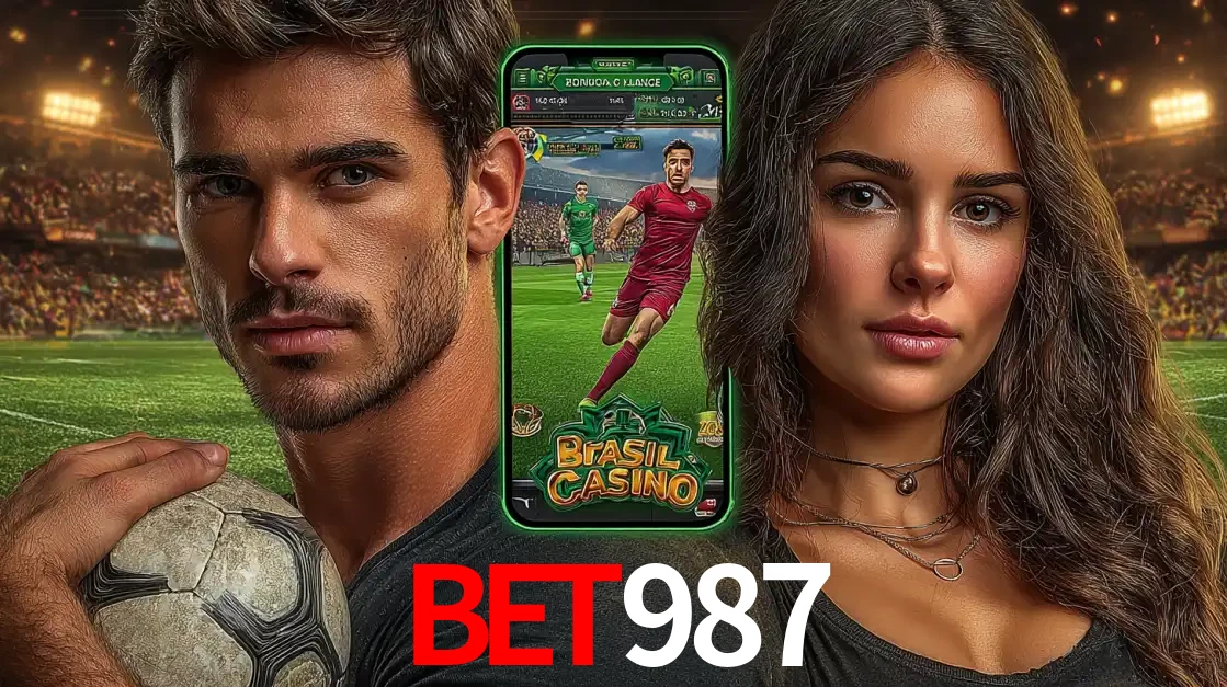 Homem segurando uma bola de futebol e uma mulher ao lado de um smartphone exibindo o jogo de apostas esportivas da BET987. Faça seu palpite no cassino online.